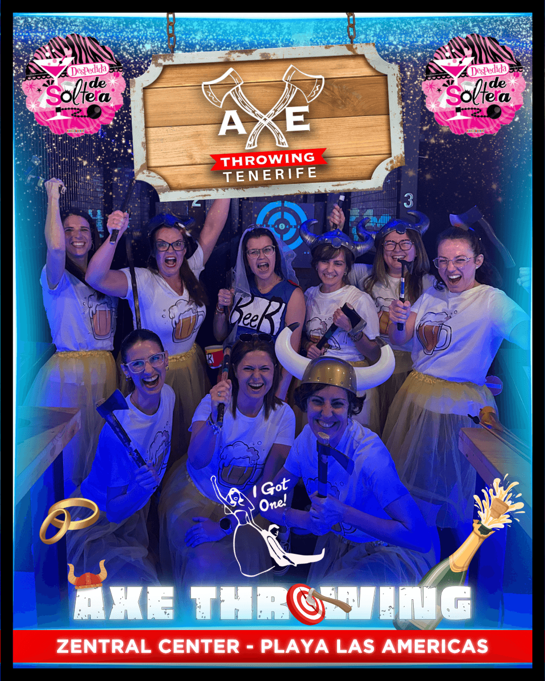 Friends enjoying an adrenaline-packed axe and shuriken throwing competition during a private bachelor/bachelorette party event in Tenerife.