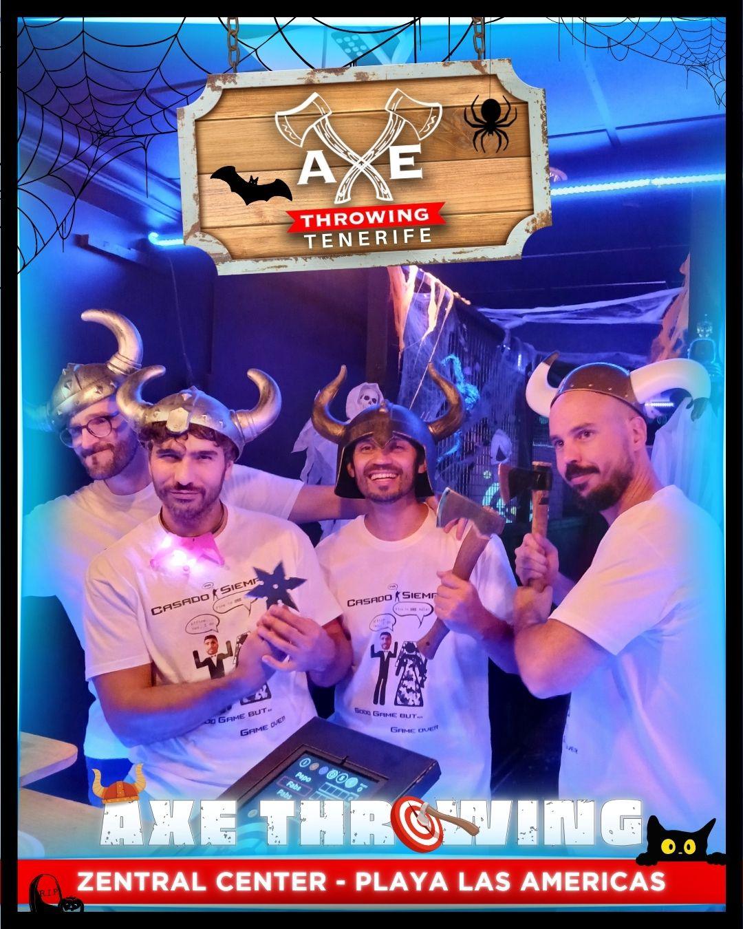 A bachelor/bachelorette party group having fun with 17 interactive games and tournament-style axe throwing in a private room at Axe Throwing Tenerife.
