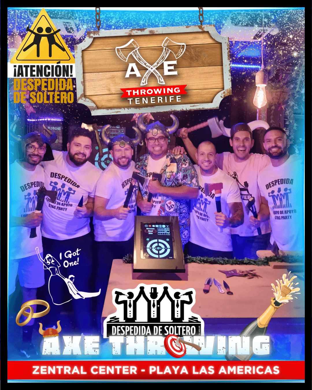 A group celebrating a bachelor/bachelorette party with an exciting axe and ninja star throwing session in Playa Las Américas, Tenerife.