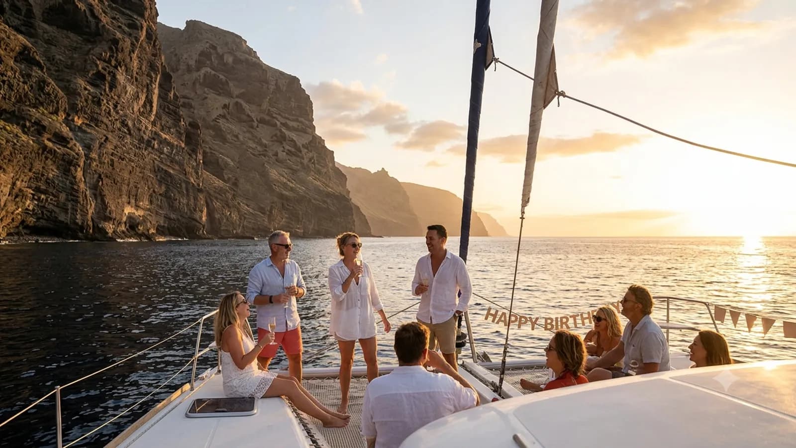 Freunde feiern Geburtstag auf einer Bootstour zum Sonnenuntergang auf Teneriffa