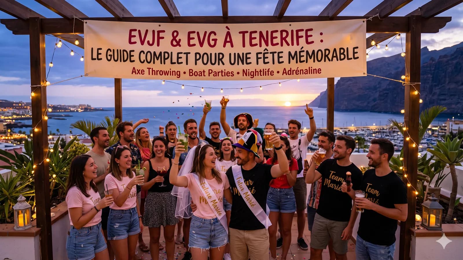Junggesellinnen-Gruppe bei einer Rooftop-Feier zum Sonnenuntergang auf Teneriffa