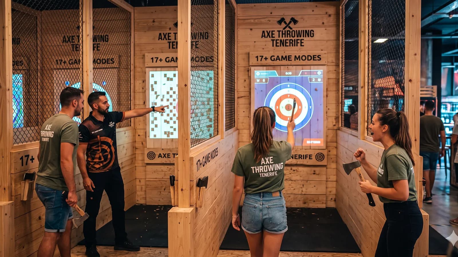 Gruppe beim Indoor-Axtwerfen bei Axe Throwing Tenerife in Playa Las Américas