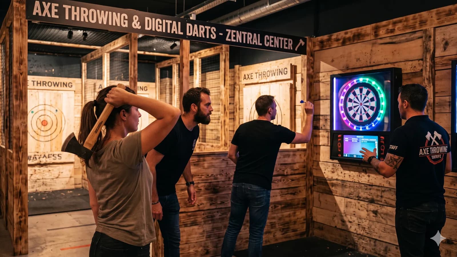 Menschen werfen an einem Regentag auf Teneriffa drinnen Äxte und digitale Darts