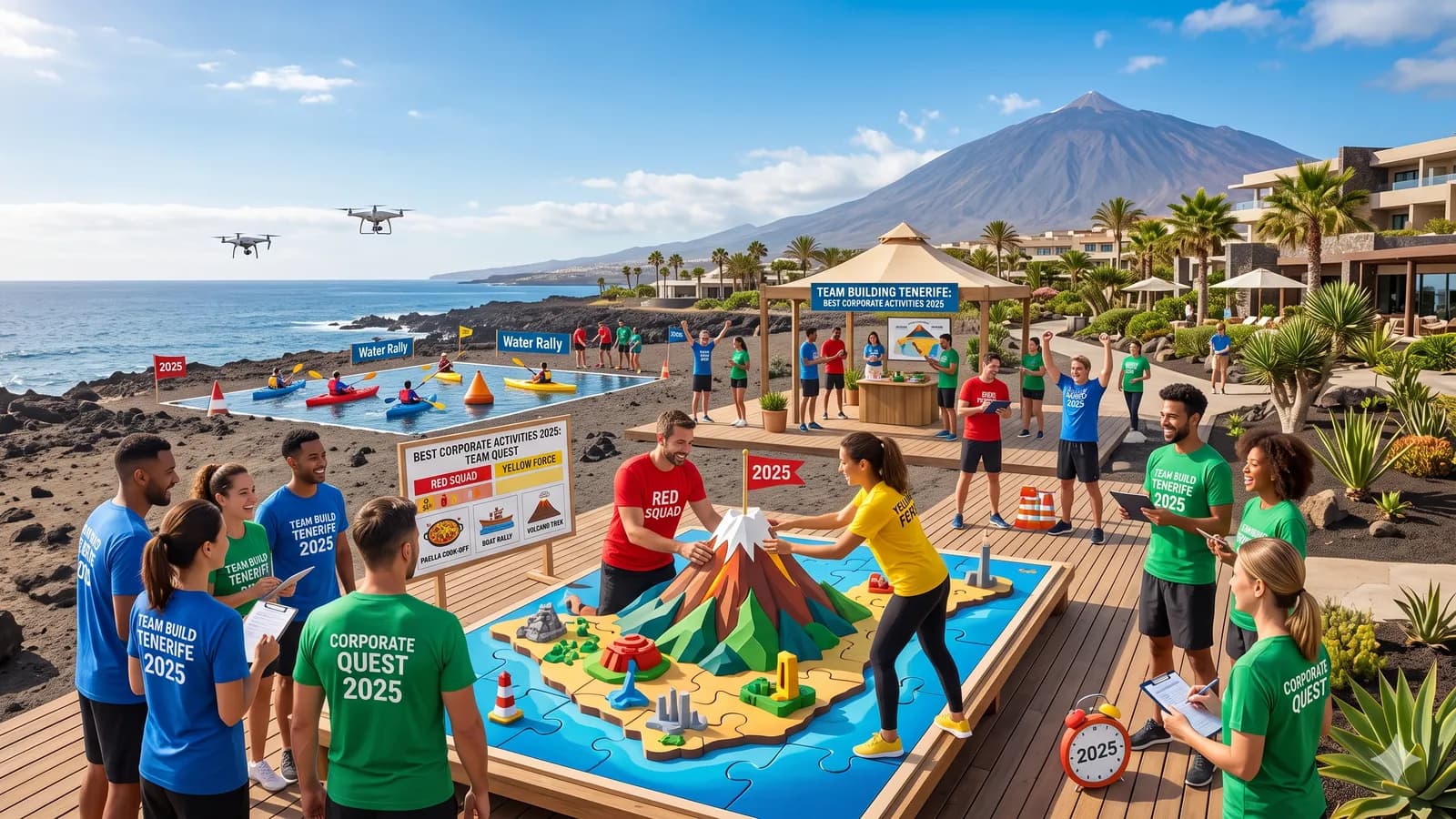Corporate team enjoying an outdoor team building event in Tenerife