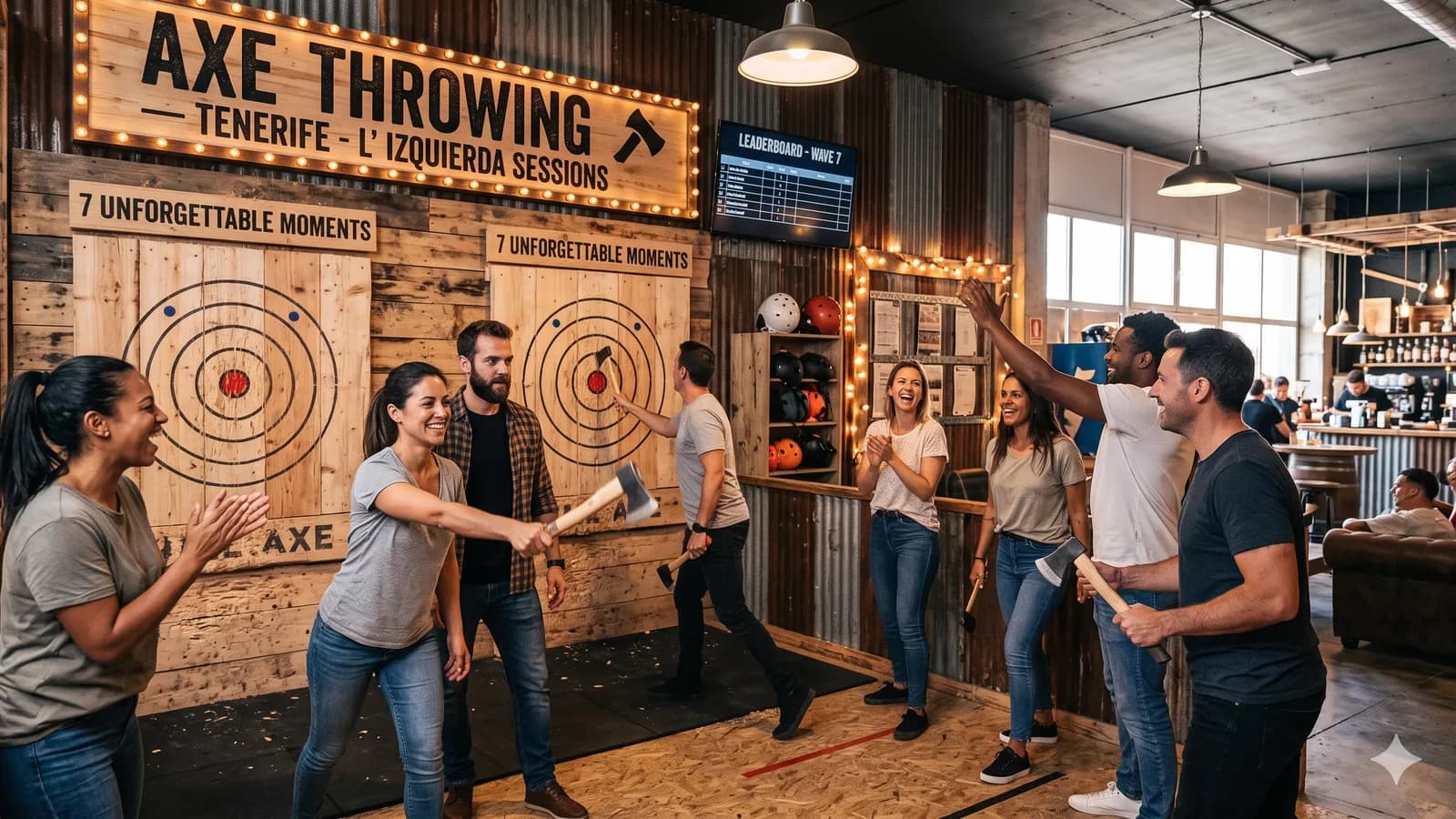 Beginner learning axe throwing technique with a coach in Tenerife