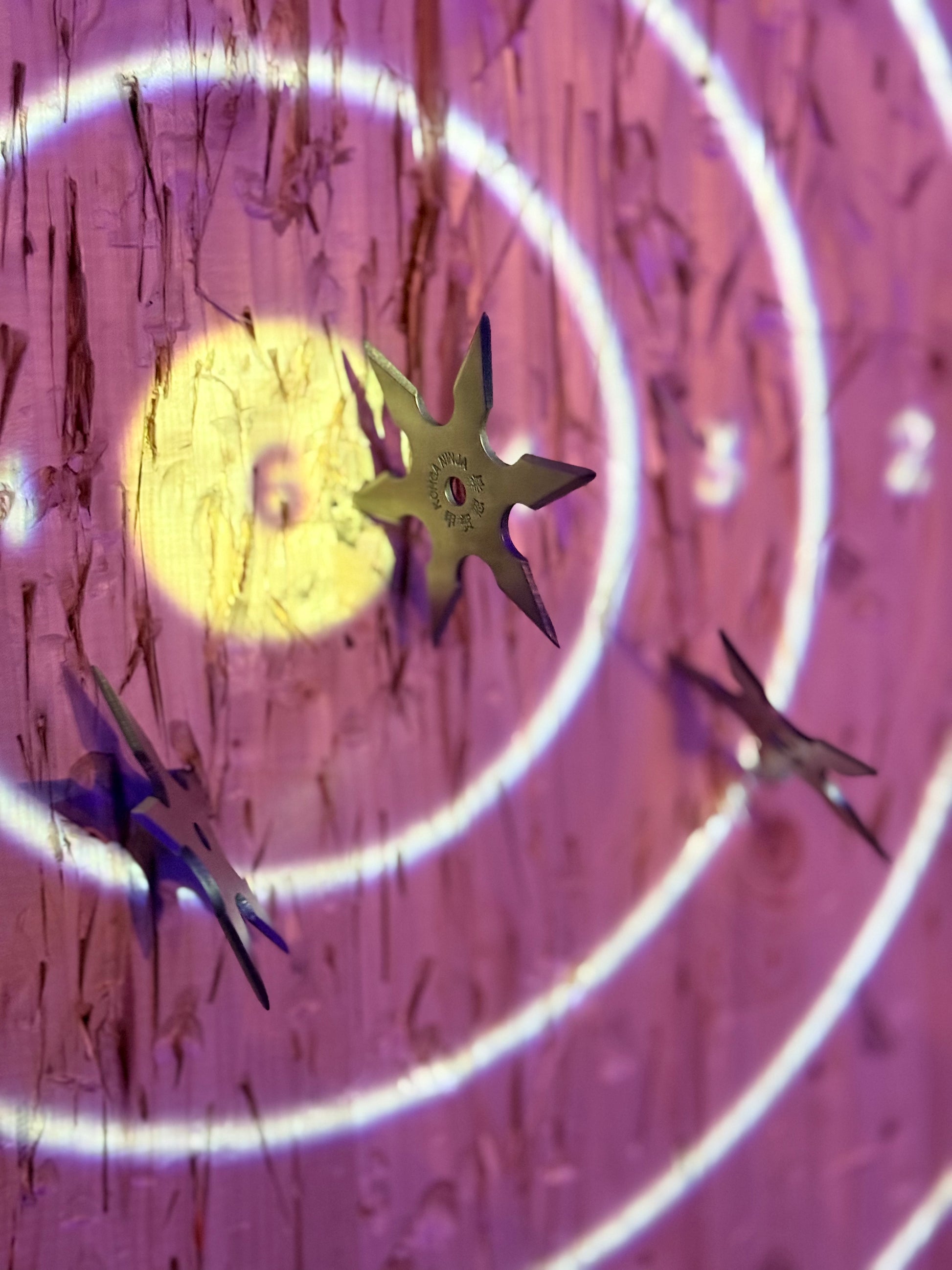 First-time visitors learning how to throw shurikens safely under expert guidance in Playa Las Américas, Tenerife.