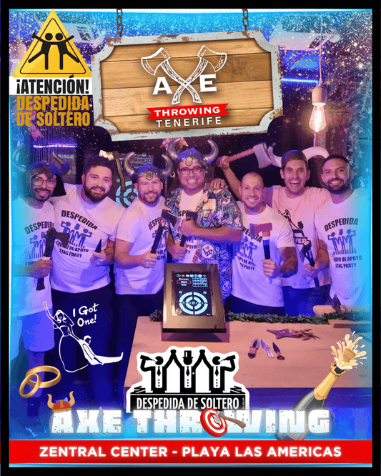 A group celebrating a bachelor/bachelorette party with an exciting axe and ninja star throwing session in Playa Las Américas, Tenerife.
